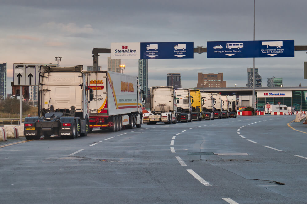 Queue of lorries at shipping port